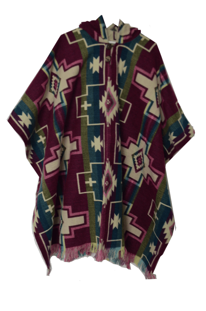 Poncho chilien réversible pourpre, losanges et Chakana, laine tissée main — ANTU-UH