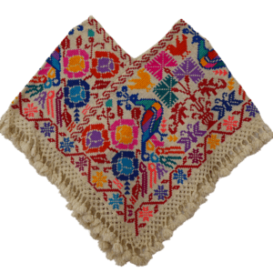 Huipil écru brodé main, oiseaux, lièvre et fleurs multicolores, artisanat de Puebla — ANTU-UH