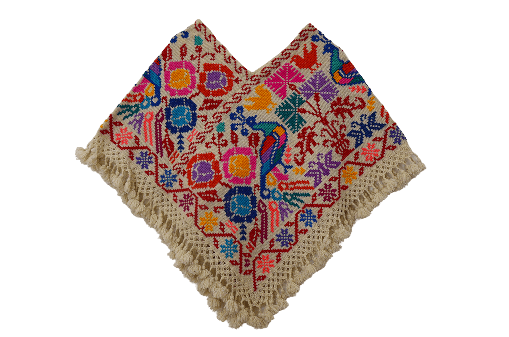 Huipil écru brodé main, oiseaux, lièvre et fleurs multicolores, artisanat de Puebla — ANTU-UH
