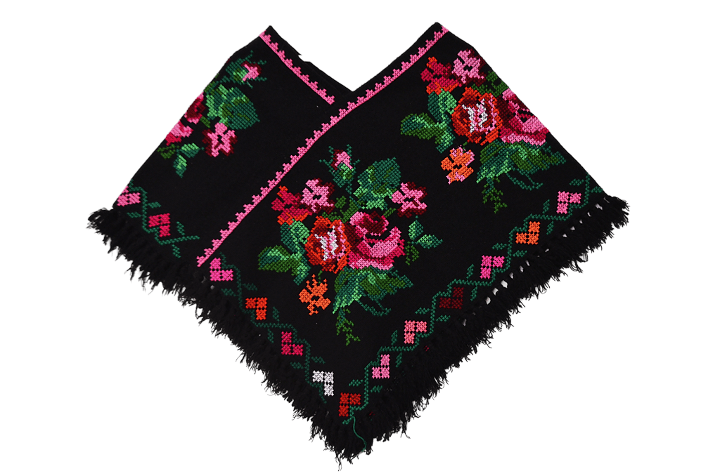 Quexquemitlécru en laine, grecque et Œil de Dieu brodés main en noir, Puebla — ANTU-UH