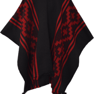 Poncho chilien noir et rouge, motif Chakana (croix andine), laine tissée main — ANTU-UH
