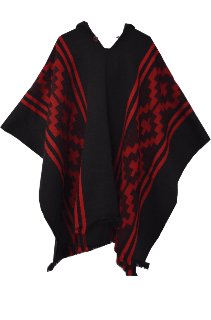 Poncho chilien noir et rouge, motif Chakana (croix andine), laine tissée main — ANTU-UH