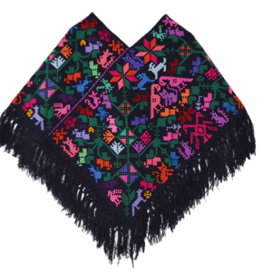 Huipil noir brodé main, petits animaux (cerfs) et fleurs multicolores, Puebla — ANTU-UH