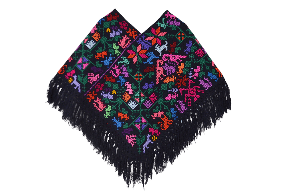 Huipil noir brodé main, petits animaux (cerfs) et fleurs multicolores, Puebla — ANTU-UH