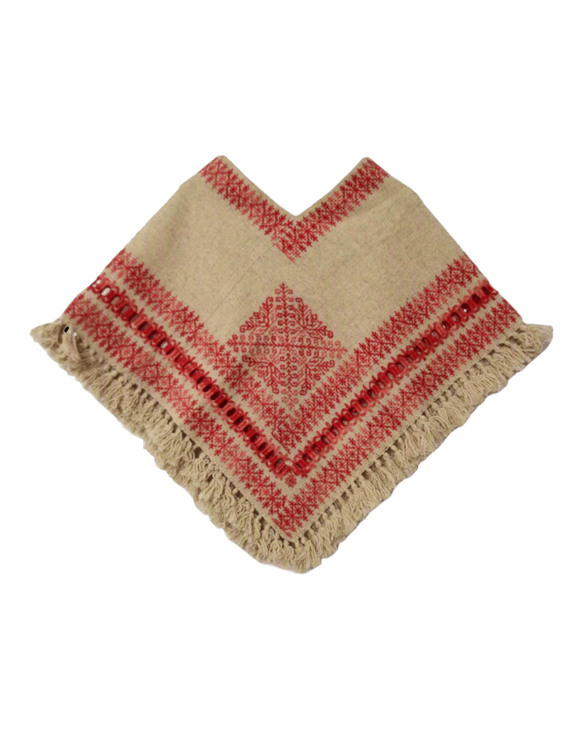 Huipil Laine Écru · Ojo de Dios (losange rose mexicain) brodé main, Puebla — ANTU-UH