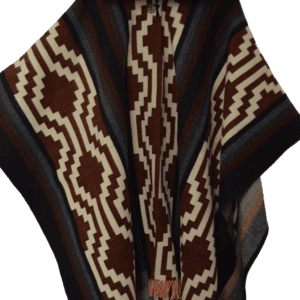 Poncho chilien brun et écru, Œil de la Chakana (Ñawi), laine tissée main — ANTU-UH