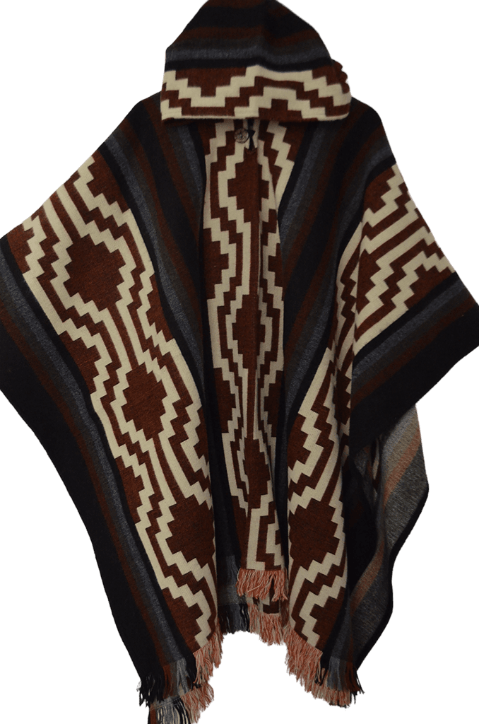 Poncho chilien brun et écru, Œil de la Chakana (Ñawi), laine tissée main — ANTU-UH